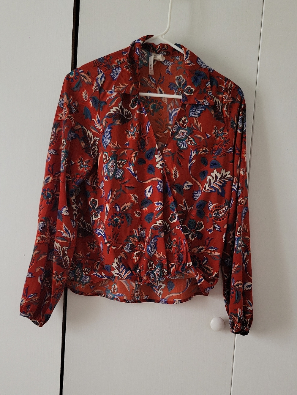 Floral Surplice Red Blouse with Long Sleeves